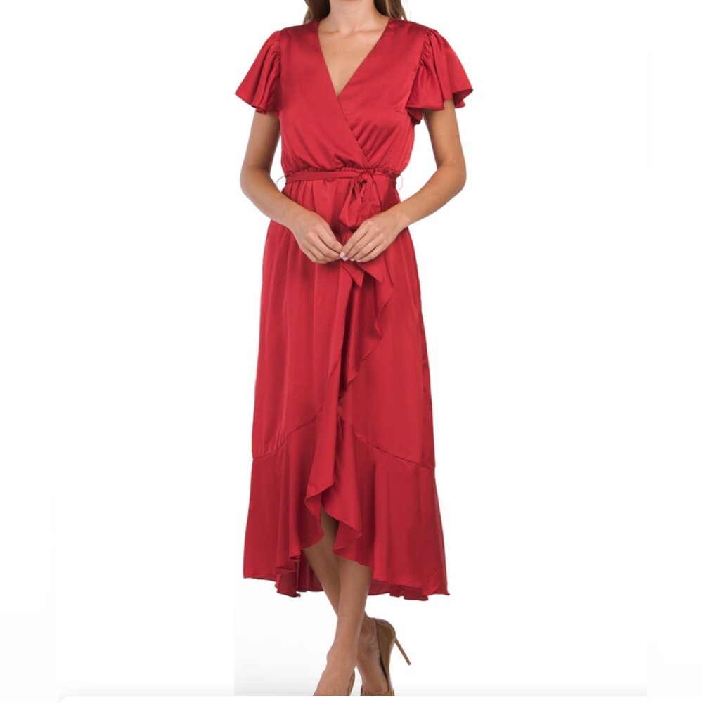 Nicole Miller Red Satin Faux Wrap Midi Dress NWT